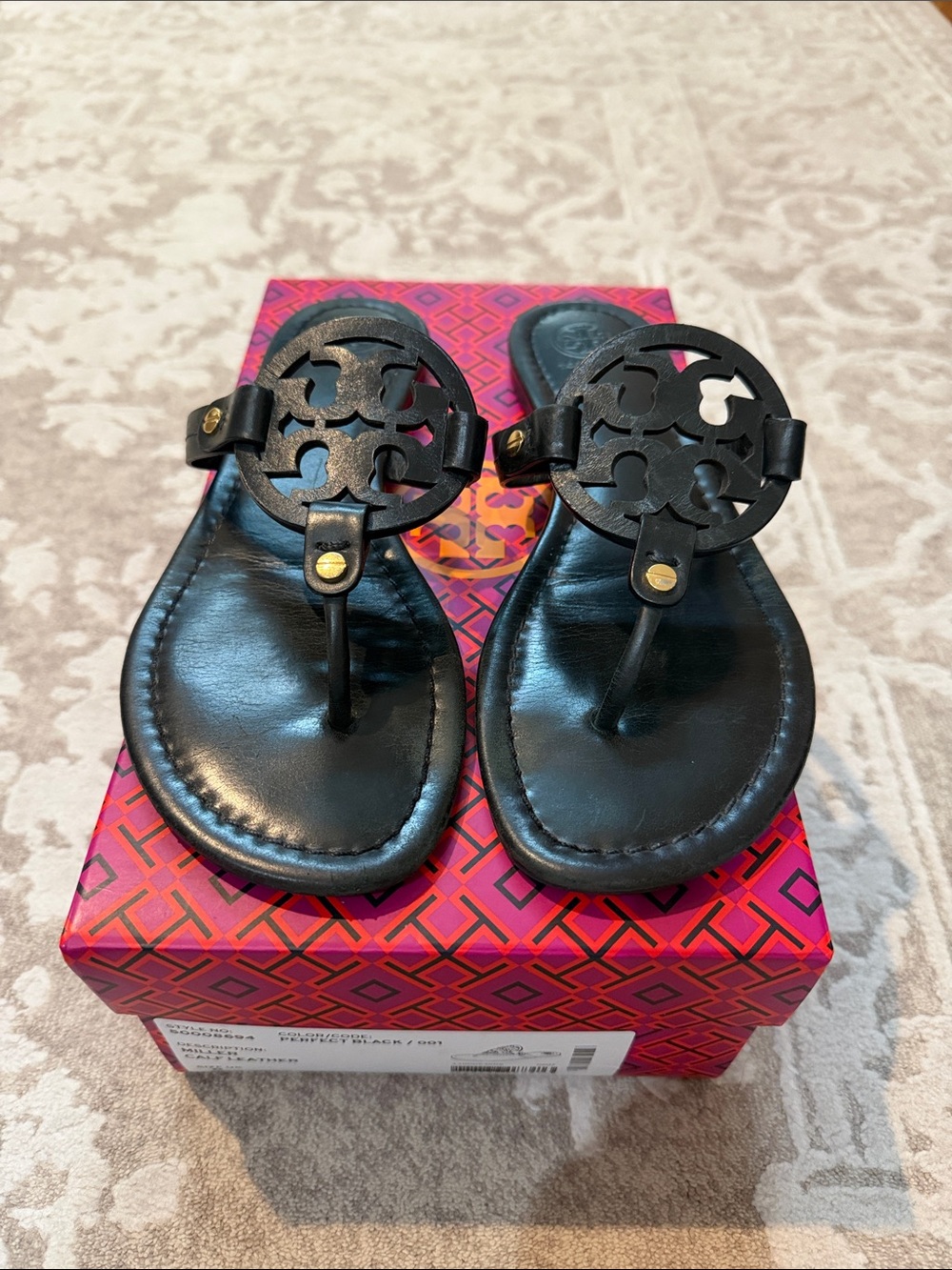 Tory Burch Black Miller Logo Leather Thong Sandals